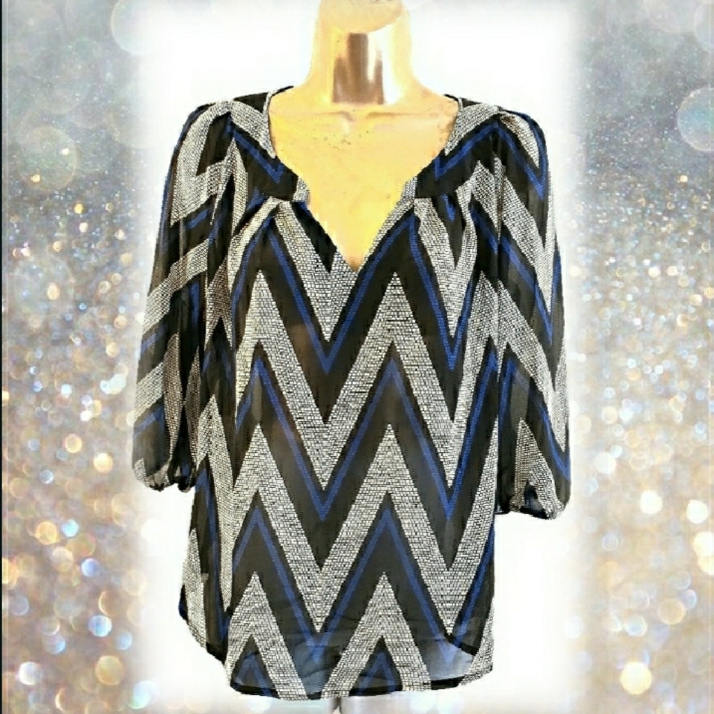 TACARA BLACK, AND BLUE CHEVRON PRINT BLOUSE
